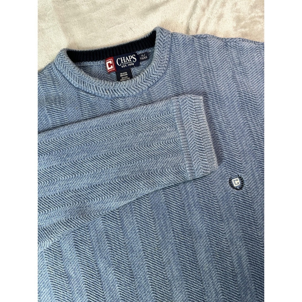 Chaps Sweater Mens XL Blue Herringbone Knit Crewneck Crest Logo Pullover Classic
